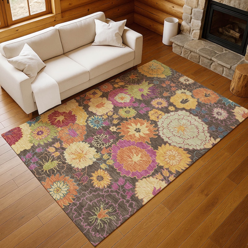 Machine Washable Indoor/ Outdoor Modern Floral Chantille Rug
