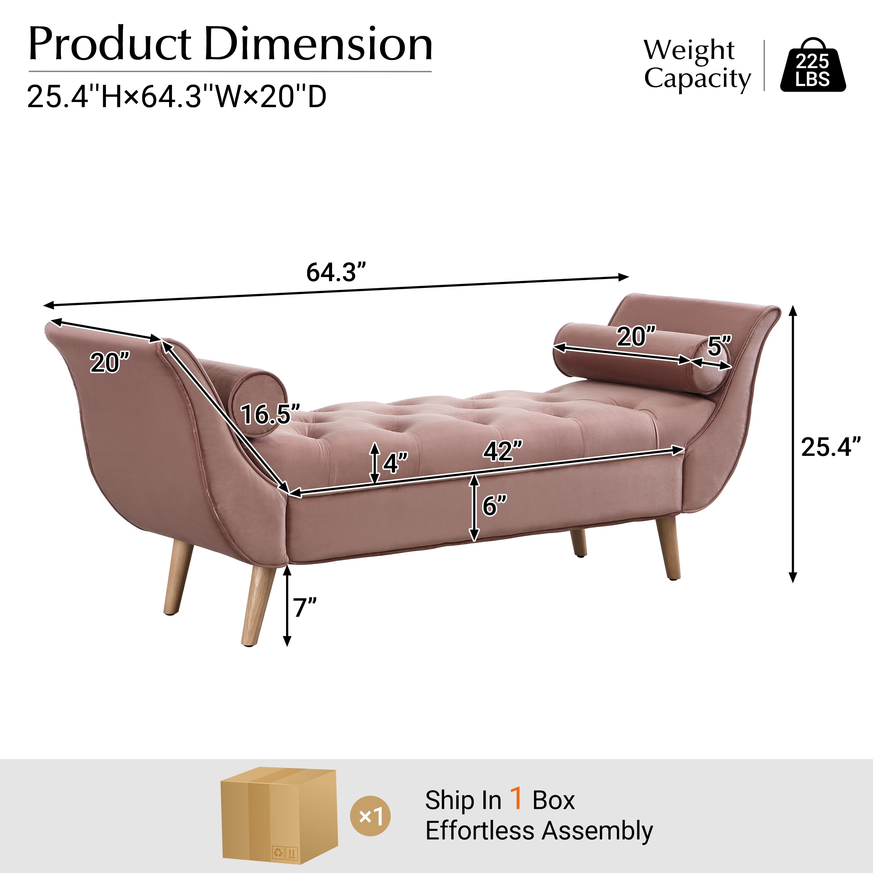 Upholstered Velvet Bench, End of Bed Bench with 2 Pillows, Upholstered Button Tufted Ottoman,Footstool with Rolled Arms, Foot Re
