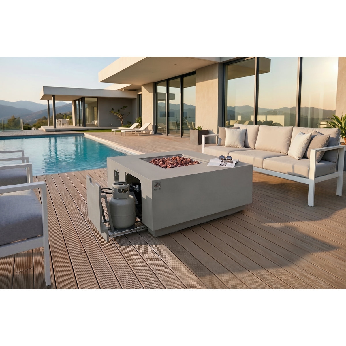 Oceanside 48" Square Outdoor Fire Pit Table With Hideaway Propane Tank Holder Bundle