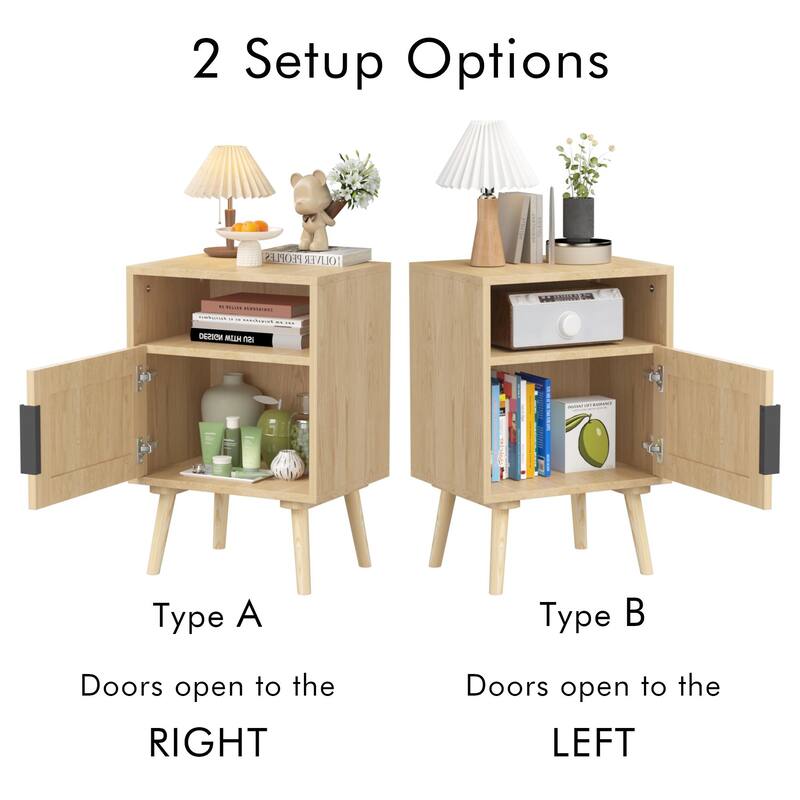 Rattan Nightstand, Side Table With Door Open Shelf, Accent Bedside End Table With Solid Wood Legs