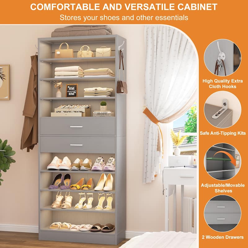 9-Tier Shoe Cabinet with 2 Drawers, Freestanding Closet Organizer with Adjustable Storage Shelves
