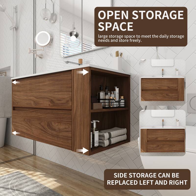 36" Wall-Mounted Bathroom Vanity, Double Soft-Close Drawers, Adjustable Side Rack, 45° Bevelled Invisible Handle