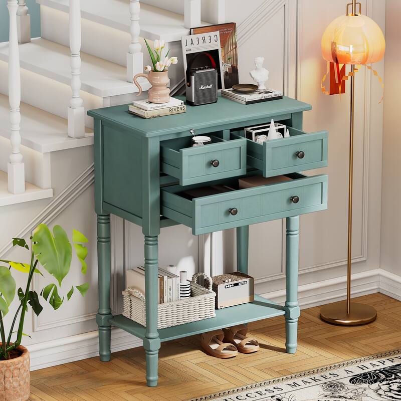 Small Entry Console Table with 3 Drawers & Bottom Open Shelf, Wood Narrow Sofa Couch Table - Light Blue