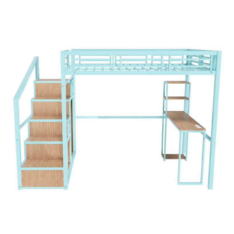 Full Loft Bed /Desk & Storage - Heavy Metal Frame, 4 Cabinets, Staircase & Rack Space-Saver