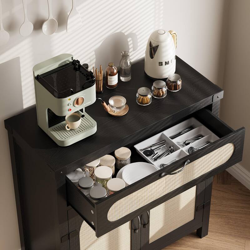 Rattan Sideboard Buffet Cabinets with Storage, Farmhouse Kitchen Accent Storage Cabinet, Boho Coffee Bar Cabinet