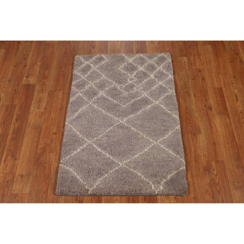 Brown Moroccan Oriental Foyer Rug Handmade Wool Carpet - 2'0"x 3'0"