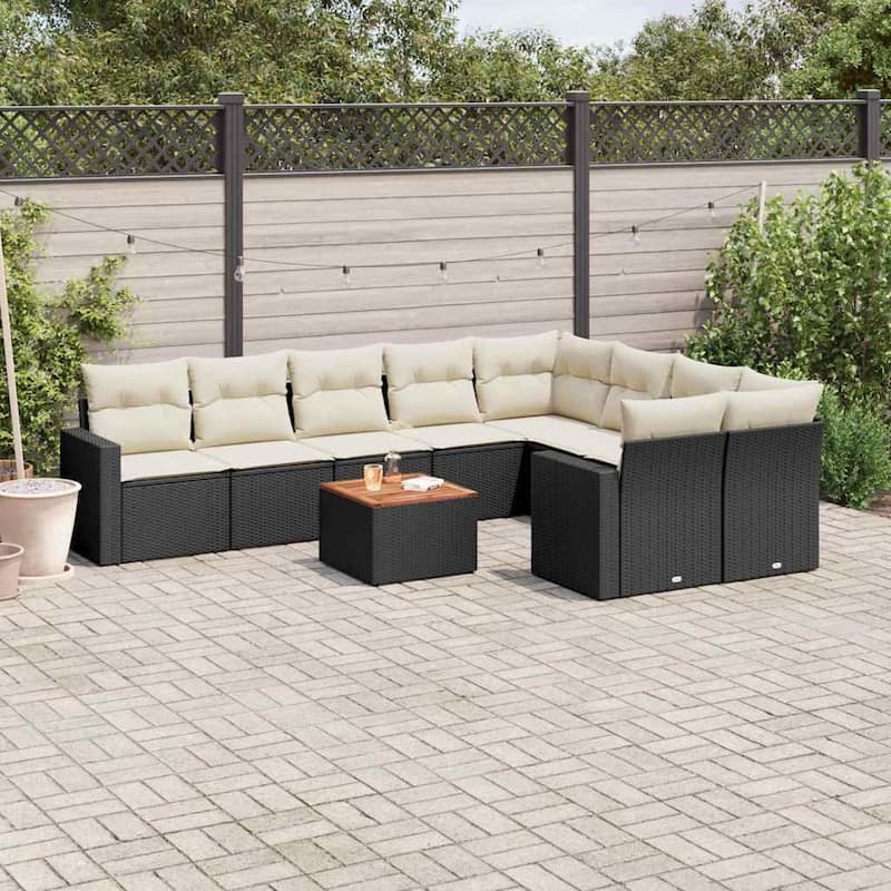 vidaXL Patio Sofa Set with Cushions Outdoor Furniture 10 Piece Poly Rattan - 24.4 x 25.8 x 27.2 - Black and Cream Table + 2x corner + 5x middle