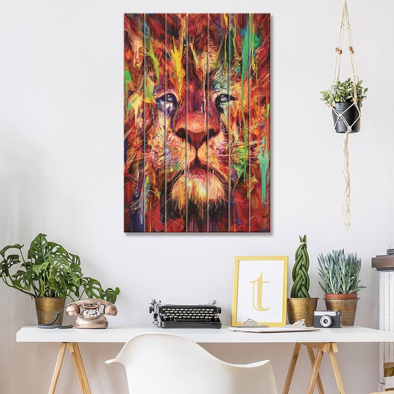 Lion Red Print On Wood by Nicebleed - Multi-Color