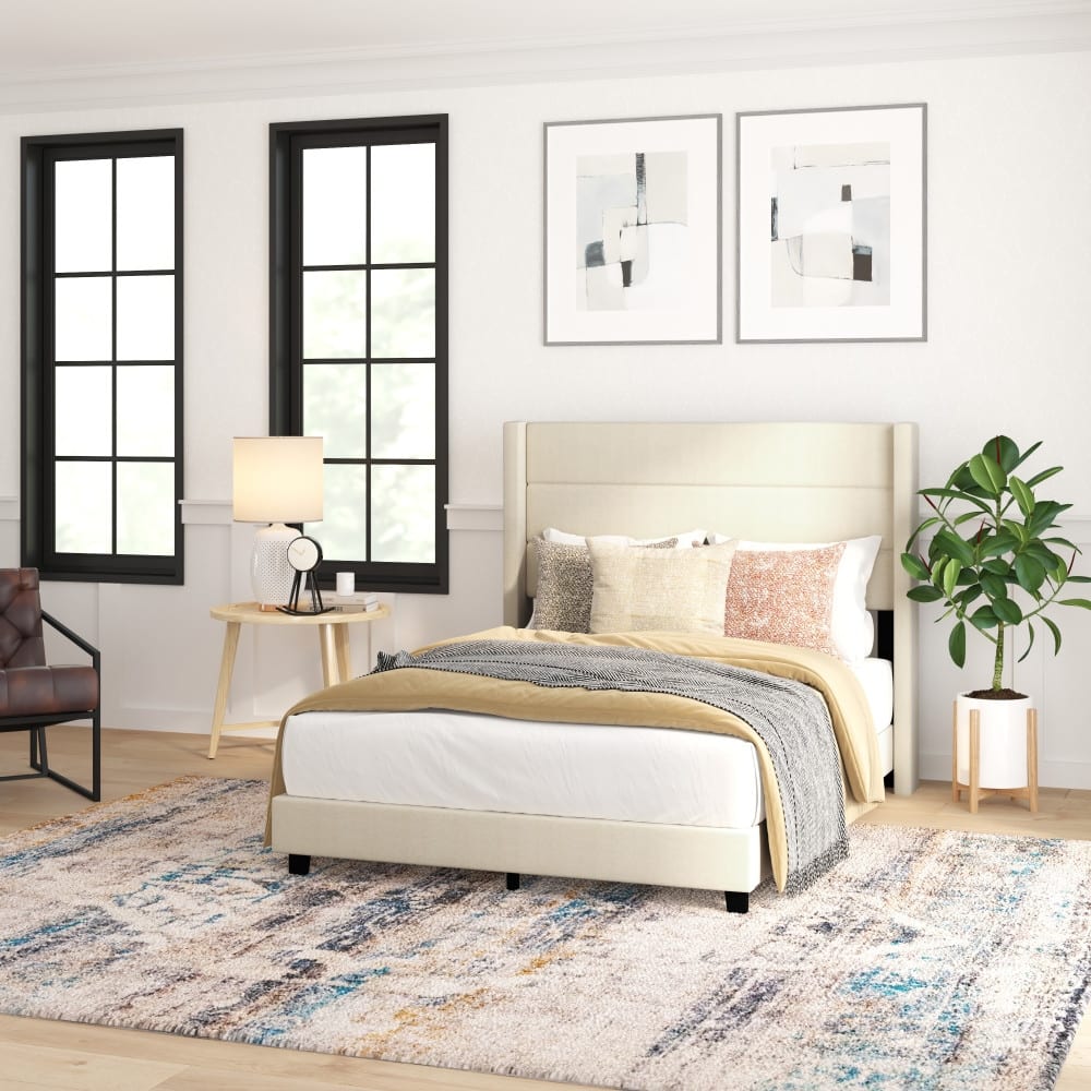 Upholstered Platform Bed with Wingback Headboard
