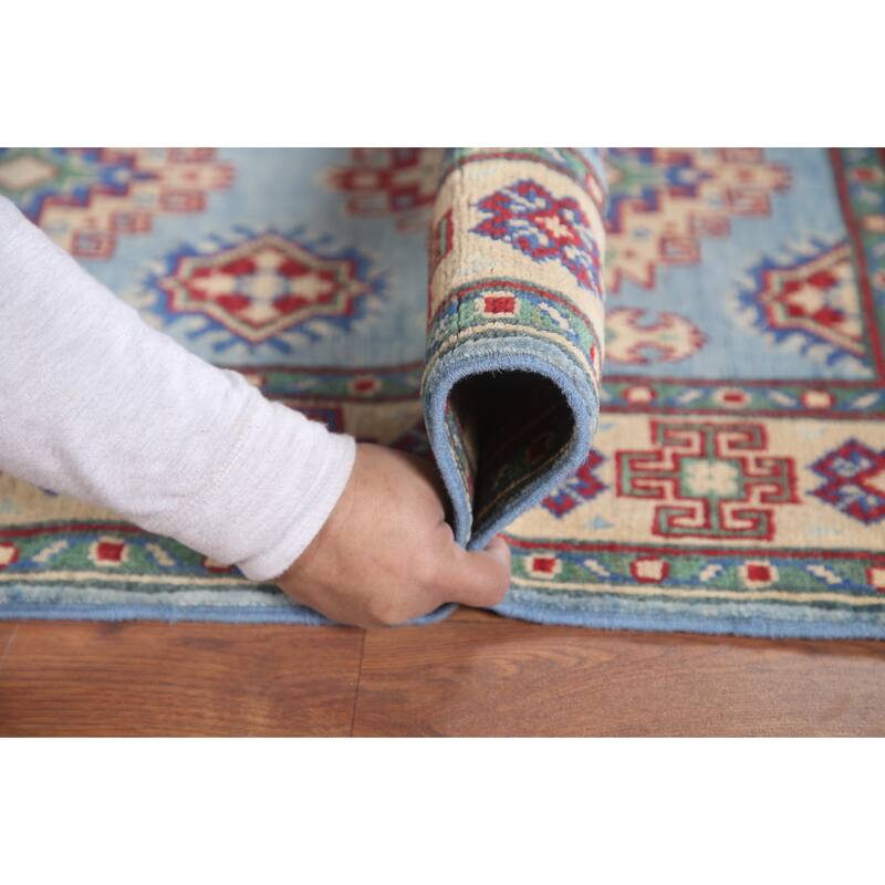 Hand Knotted Oriental 100% Wool Carpet Traditional Geometric Navy Blue & Blues Kazak Runner Rug - 6' 6'' X 2' 9''