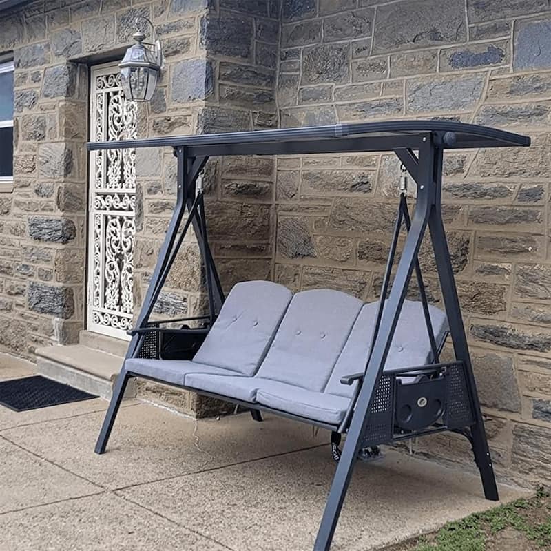 PURPLE LEAF 3-seat Outdoor Porch Swing with Adjustable PVC Canopy - 70.86"(H) X 76.77"(W) X 47.24"(D)