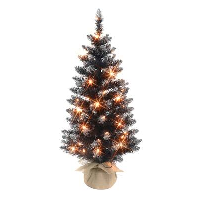 3 ft Pre-lit Black Tree, 97 Tips, 50 UL Clear Incandescent Lights, Burlap Base