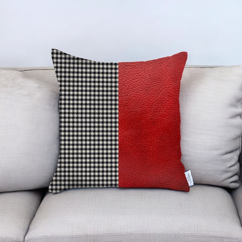 18" X 18" Red Houndstooth Zippered Handmade Polyester Throw Pillow Cover