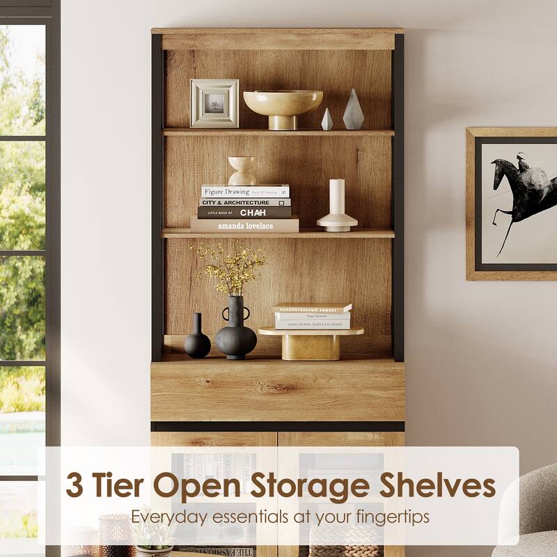 Modern Farmhouse Buffet Cabinet with 3 Tiers and 4 Cabinets, Wooden Sideboard for Dining Room or Kitchen