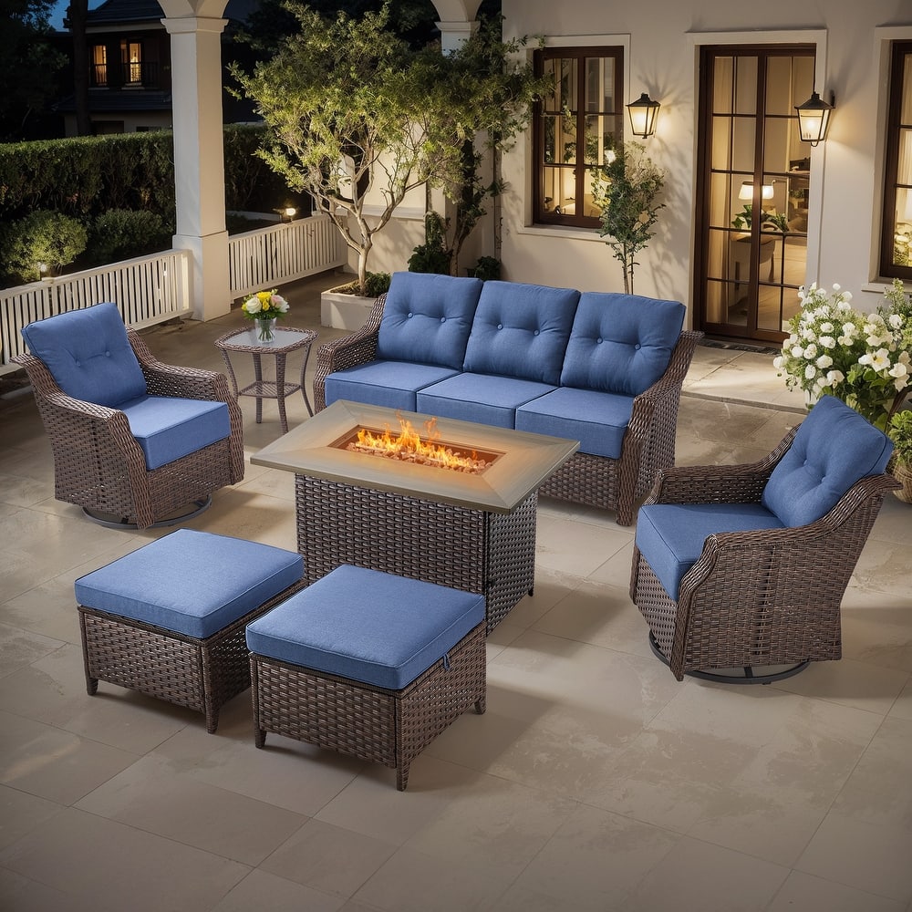 Gymojoy Wicker Patio Furniture Sofa Set with Fire Pit Table, 6-Inch Ultra Thick Cushioned 360° Swivel Glider Chairs