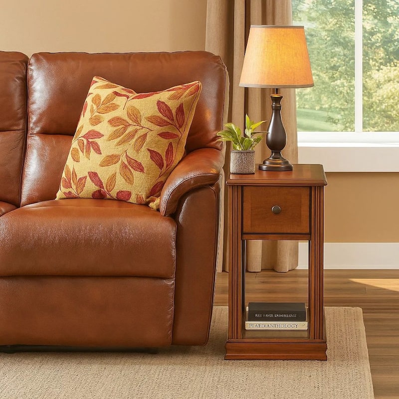 Chair Side End Table with 1 Drawer and Open Bottom Shelf, Brown