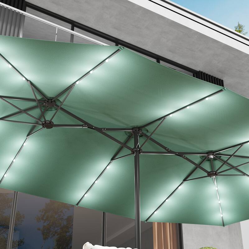 15ft Solar LED Double Patio Umbrella with Base, Extra Large Twin Outdoor Market Umbrella with 36 Lights, 180g Polyester Canopy