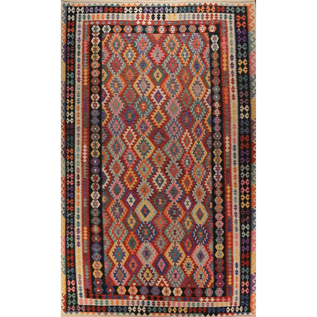 All-Over Geometric Kilim Oriental Large Rug Flatweave Wool Carpet - 10'1"x 15'11"