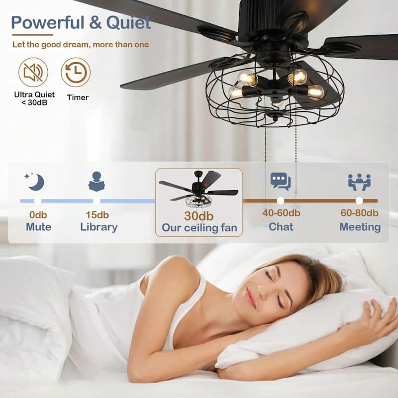 Cusp Barn Industrial Ceiling Fan Black Caged Chandelier Fan with Remote and 5 Wooden Reversible Blades for Kitchen