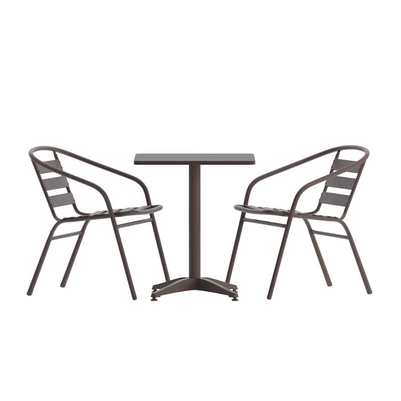 27.5" Square Aluminum Indoor-Outdoor Table Set with 2 Slat Back Chairs