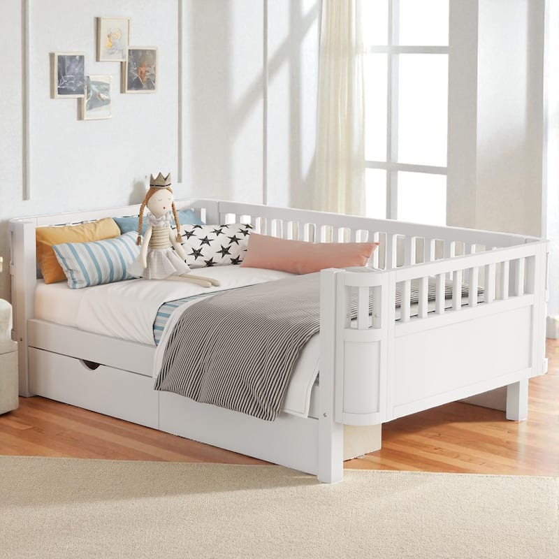 Twin/Full Size Wooden Platform Bed with Safety Rails and 2 Storage Drawers, Low Profile Kids Bed Frame