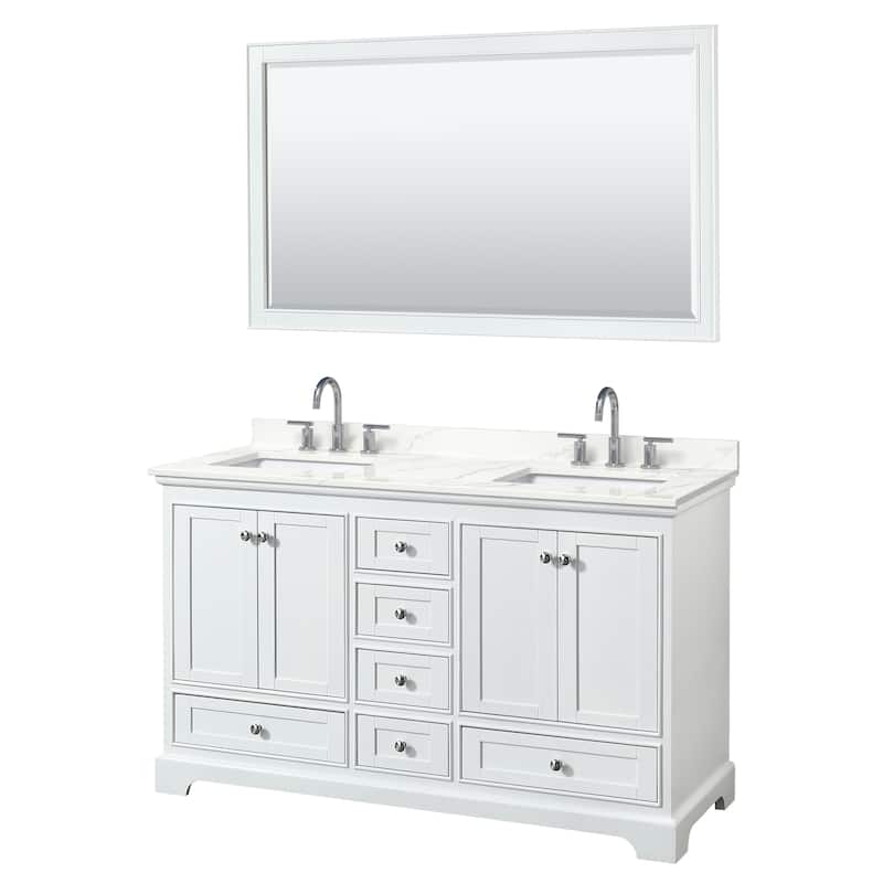 Deborah 60-inch Double Vanity, Quartz Top, 58-inch Mirror - White, Chrome Trim, Giotto Quartz Top