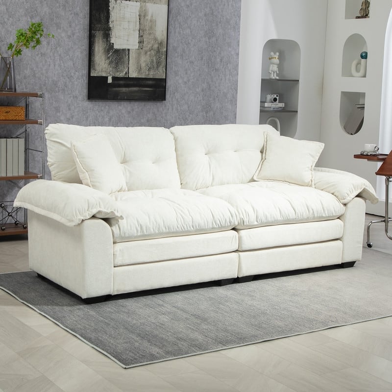 84" Chenille Loveseat Sofa with Memory Foam&Pocket Springs, Deep Seat Couch with 2 Throw Pillows - Beige