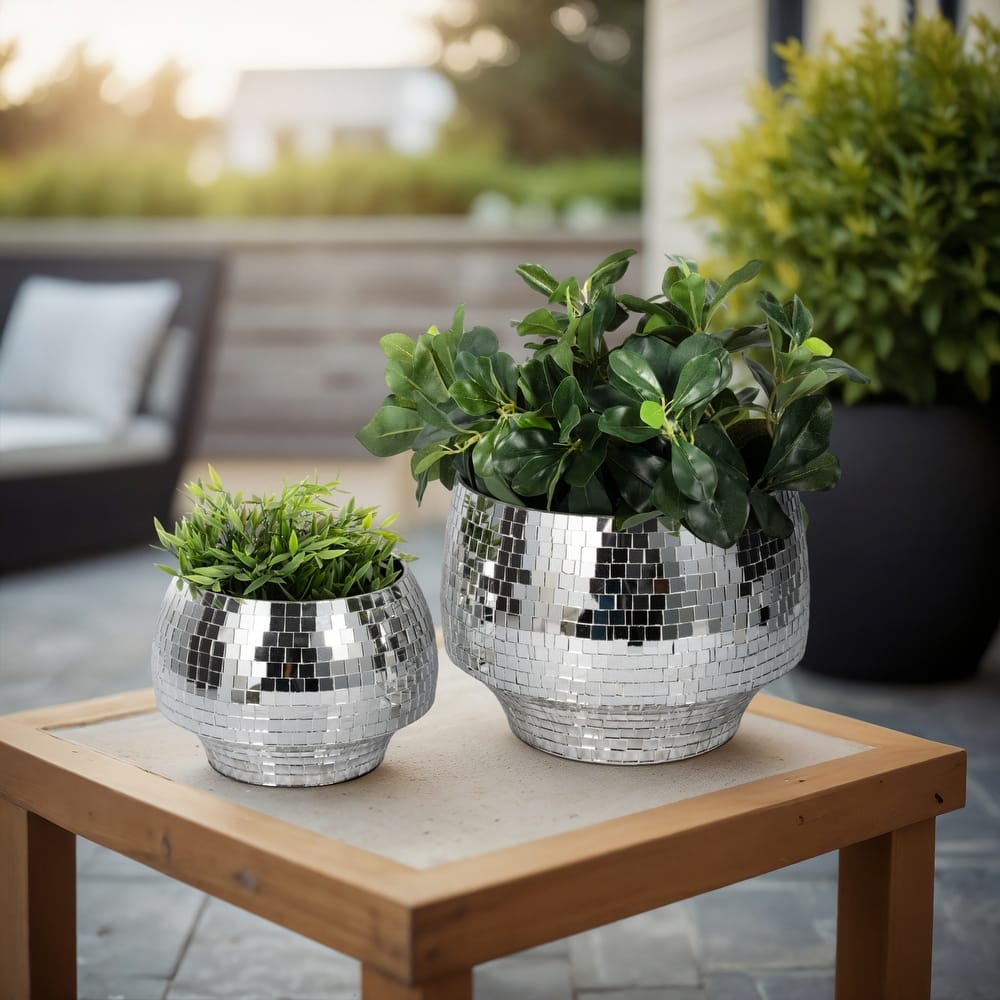 Metal Planters Mirrored Mosaic Surface Modern Accent Home (Set of 2)