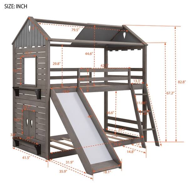 Antique Gray Twin Over Twin Solid Pine Bunk Bed with Pitched Roof, Sweetheart Window, Slide, Ladder