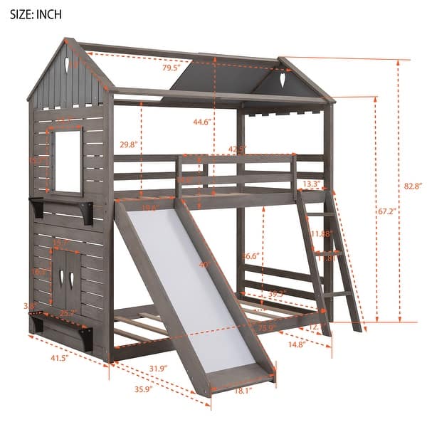 Antique Gray Twin Over Twin Solid Pine Wood Bunk Bed with Pitched Roof, Sweetheart Window, Slide, Ladder