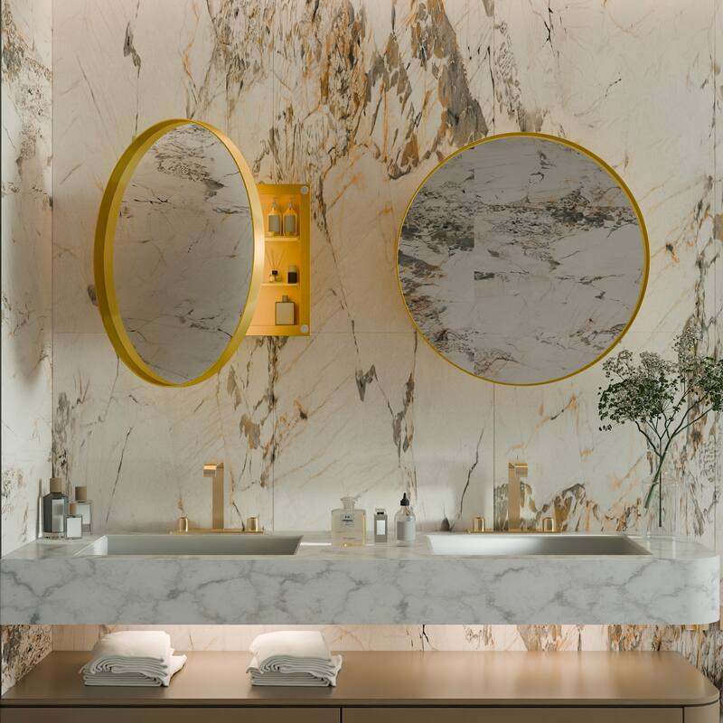 23.6" Round Metal Medicine Cabinet with Mirror & Adjustable Shelves, Black