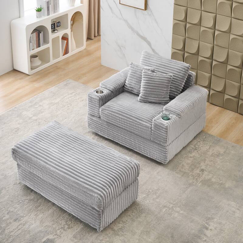 57 Inch Corduroy Single Sofa with Ottoman Sleeper Sofa Lounge Sofa