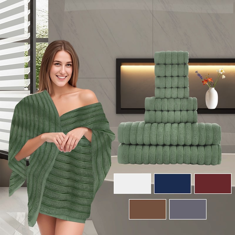 8 Piece Oversized Bath Towel Set, 100% Cotton Bath Towels, Highly Absorbant Bordered Towels