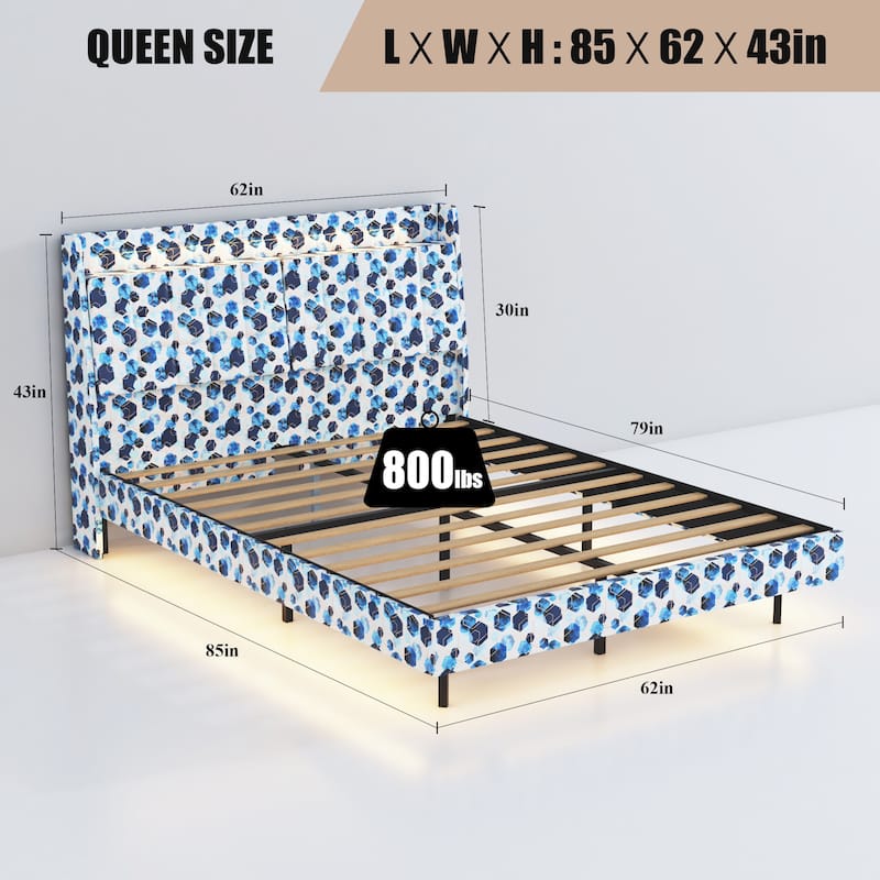 King/Queen Floating Bed Frame with LED Light, USB Charging, and Hidden Storage, Upholstered Platform Bed with Headboard