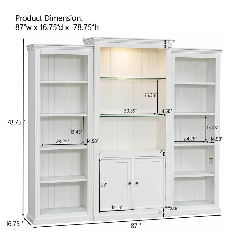 78.75" Tall 3-Piece Bookcase with Adjustable LED Light, Tempered Glass Shelves for Living & Office