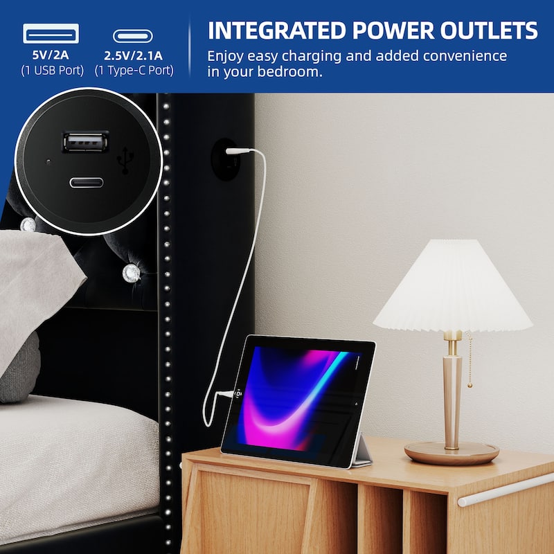 Moasis King Size Velvet Upholstered Bed Frame with Storage Headboard with USB Charging Stations