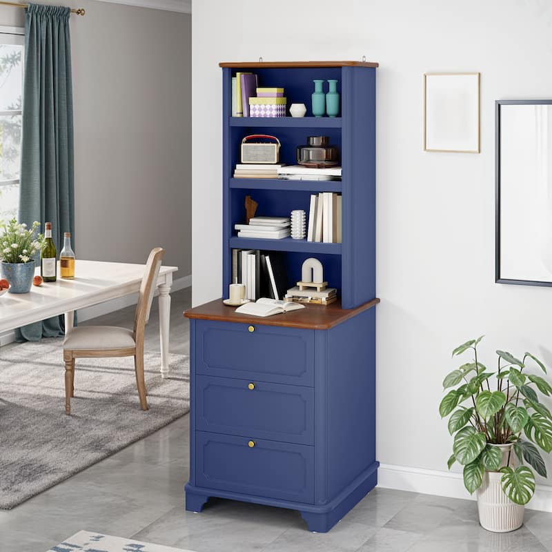 Moasis 23"W 4-Tier Open Shelves Bookcase Wood Bookshelf with Drawers for Living Room - Blue/Walnut - 23"W