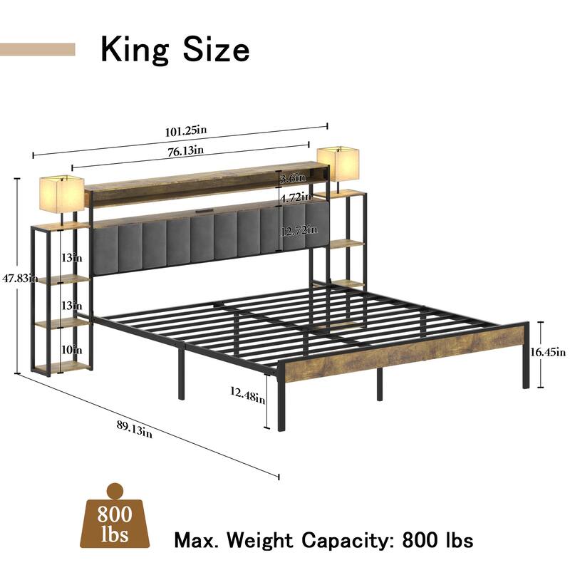 Queen King Size Platform Bed Frame with Storage, LED Lights, and Charging Station, Velvet Upholstered Headboard for Bedroom