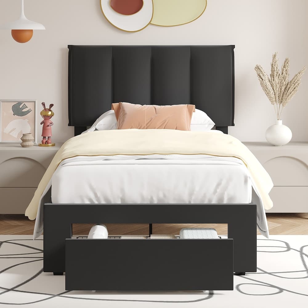 Black Bed Frame with 4 Storage Drawers, Upholstered Platform Bed Frame with Adjustable Headboard