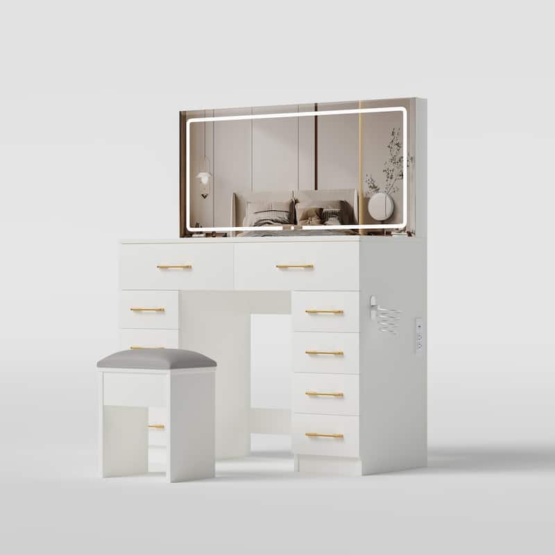 46"Glass Top Vanity Desk with 10 Drawers Makeup Vanity with Mirror and Stool,3 Lighting Modes Dressing Table,Silent Slides
