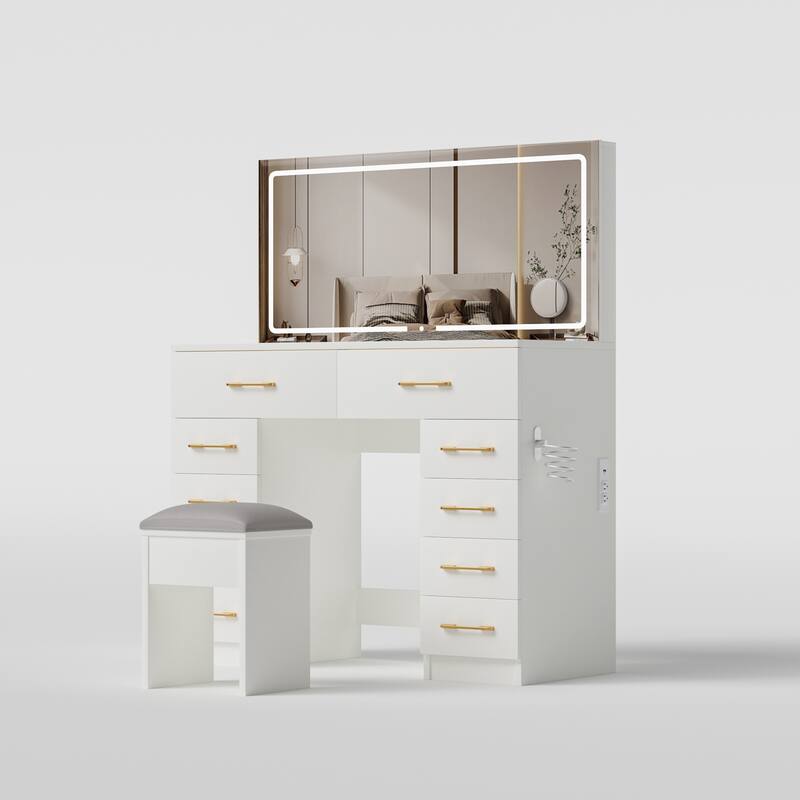 Glass Top Vanity Desk with Light Mirror & Power Outlet, Large Makeup Vanity Set, Dressing Table with 10 Drawers & Stool