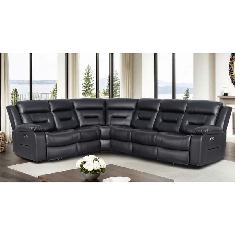 119'' Faux Leather Power Recliner 6-Seat Large Sectional Reclining Sofa with USB Port - Black (6St)