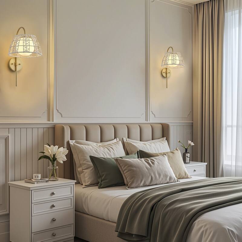 Aiwen Modern 1 Light Wall Sconce Painted Gold Finish White Woven Rattan Opal Acid Etched Glass Shade