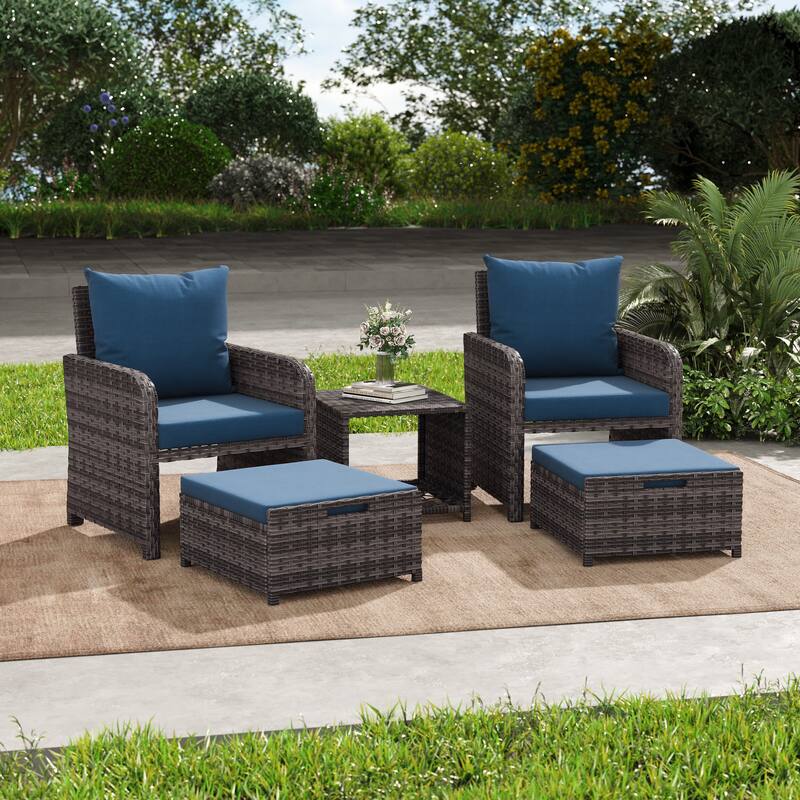 5 Pieces Patio Chair Ottoman Conversation Set with Cushions Table
