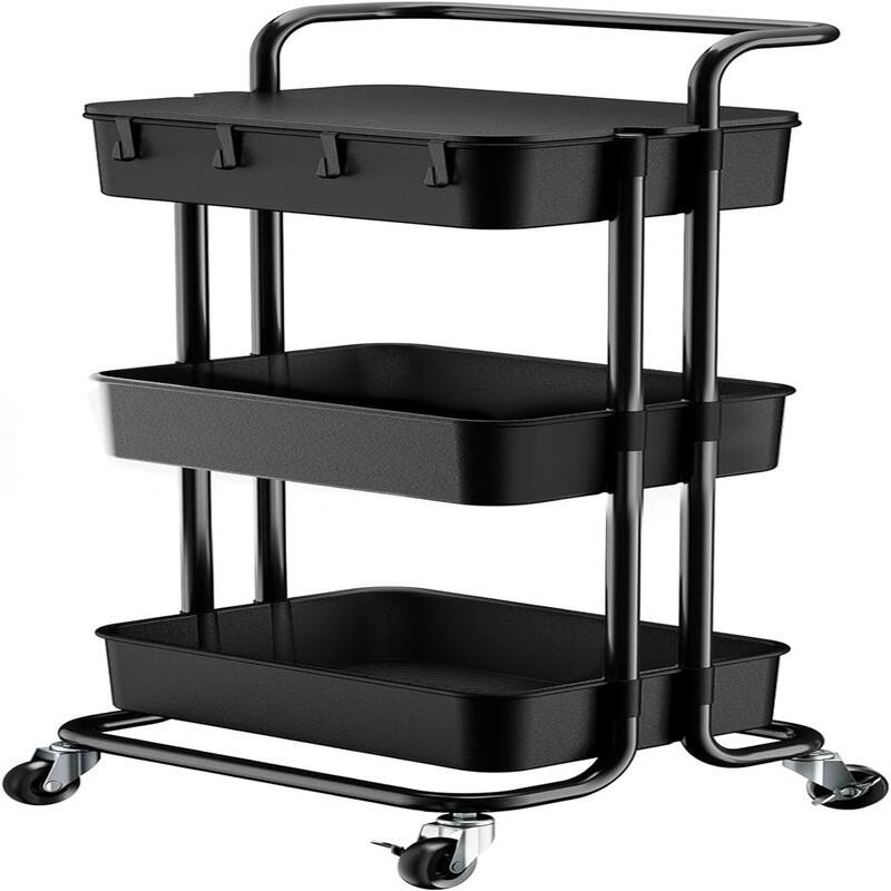 3 Tier Rolling Cart with Table Top Utility Cart with Wheels - 14.02"D x 16.65"W x 33.5"H - Black