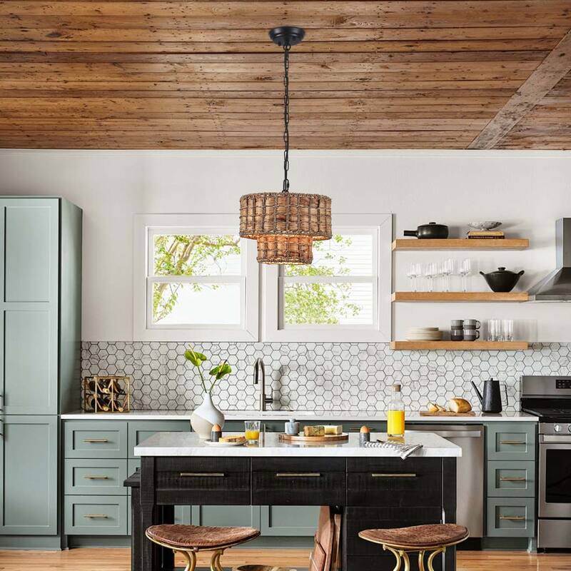 1-Light Farmhouse 2-Tier Metal Hanging Pendant Light Kitchen Island with Rattan Cover for Dining Room