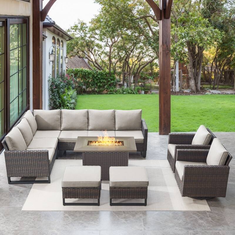 Gymojoy L-Shaped Outdoor Corner Sectional Sofa 6-seats Couch Conversation Set - 6 PCS - Ottomans & Swivel Chairs & Fire Pit - Brown Wicker / Beige Cusion