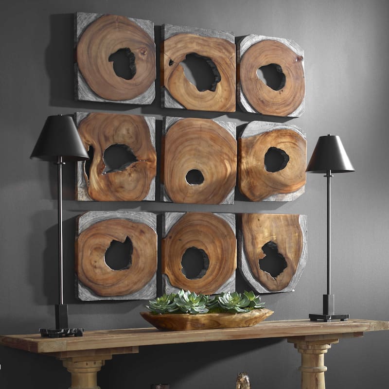 Handcrafted Paneled Wood Wall Art - 16" - Brown and Black - Set of 9