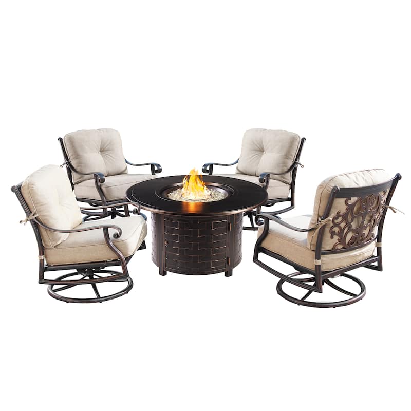 Outdoor Aluminum 44 in. Round Fire Table Set with Four Deep Seating Swivel Rocking Chairs & Accessories - Antique Bronze