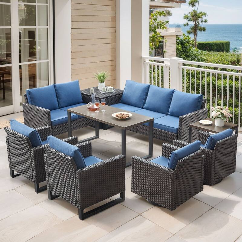 Gymojoy 9 Person Outdoor Courtyard Wicker Family Conversation Set Group With Swivel Chairs And Storage